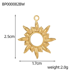 Technical drawing of a gold sunburst charm showing 2.5cm height and 1.7cm width dimensions