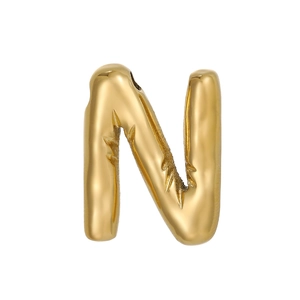 Macro shot of 14k gold bubble N letter pendant with organic puffy lava texture