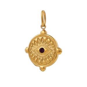 Detailed close-up of a gold-plated evil eye coin pendant with red zircon and sunburst texture