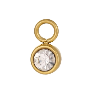 Macro view of gold plated charm pendant featuring a clear round cut zircon and ring bail