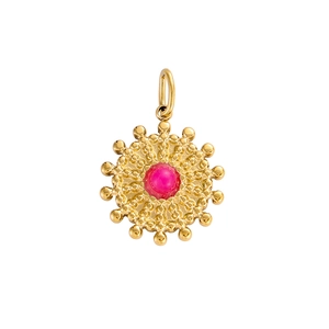Detail view of a vintage gold sunflower pendant with a pink natural stone inlay