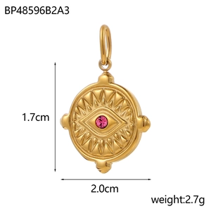 Vintage stainless steel evil eye pendant with sunburst texture and pink zircon stone