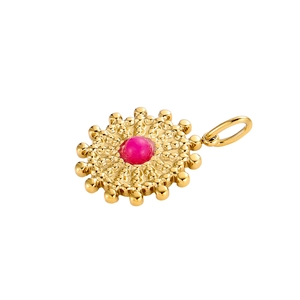 Detailed side view of a gold sunburst pendant with a ruby red round cabochon stone