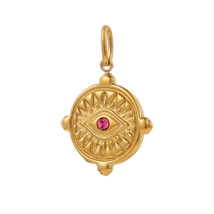 Macro shot of gold evil eye pendant with pink zircon and radiant relief details