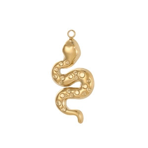 Close-up of golden S-shaped snake pendant with detailed scale texture and top loop