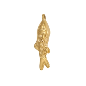 Macro shot of realistic golden fish pendant with detailed scales and top hanging loop