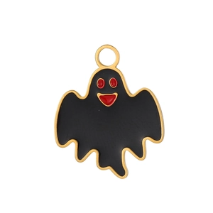 Close-up of a gold-framed black enamel ghost charm with red eyes for DIY jewelry making