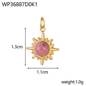 Detail view of sunflower pendant with pink stone, measures 1.3cm in gold stainless steel