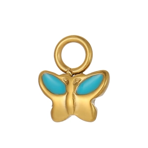 Close-up of golden butterfly pendant with sky blue enamel finish and thick bail