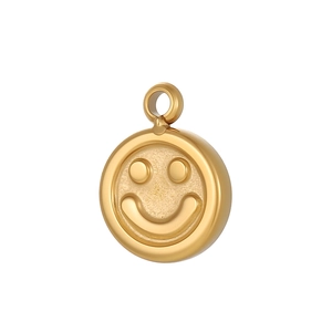 Detailed view of a gold-plated stainless steel smiley face charm with embossed texture