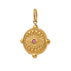 Detailed close-up of a gold stainless steel evil eye pendant with pink zircon stone
