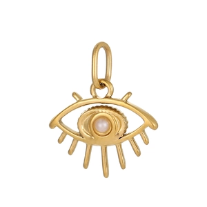 Macro view of a gold-plated evil eye pendant with central pearl and metal eyelashes