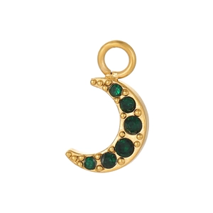 Detail of vintage gold crescent moon charm with green stones and beaded edges for DIY