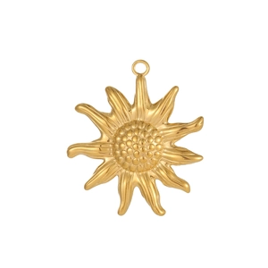 Macro shot of gold sunburst pendant with dotted texture and steel hanging loop