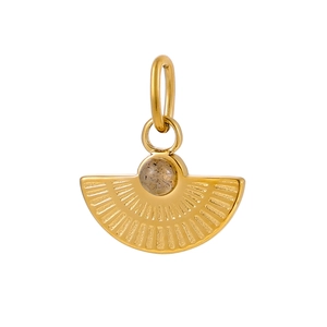 Detail of vintage gold fan-shaped stainless steel pendant with natural stone inlay