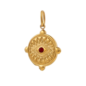 Detail of vintage gold evil eye round pendant with red zircon and sunburst engraving