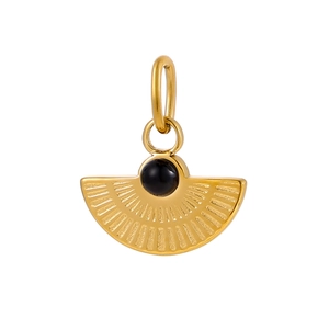 Macro shot of gold fan pendant with radial texture and central black stone inlay