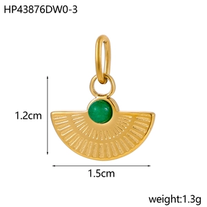 Detailed view of vintage gold fan-shaped pendant with natural stone inlay and dimensions