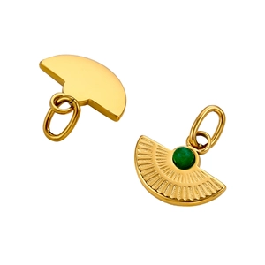 Detailed view of gold fan-shaped pendants with green stone inlay and smooth polished back