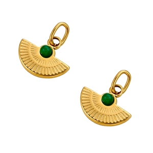 Detail showing fan-shaped gold pendants with green turquoise stone and textured lines