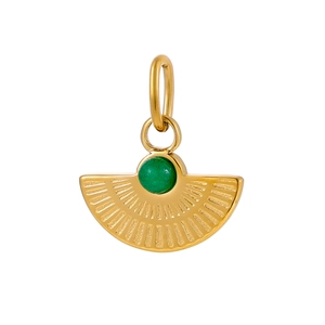 Close-up of fan-shaped gold stainless steel pendant with green stone inlay and ring