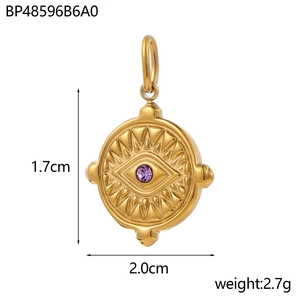 Detailed size view of a gold evil eye pendant with purple zircon and engraved triangles
