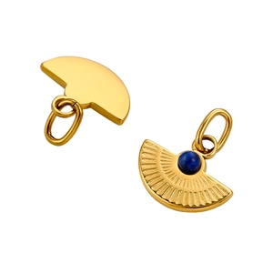 Detailed front and back views of fan-shaped gold pendant with blue turquoise stone inlay