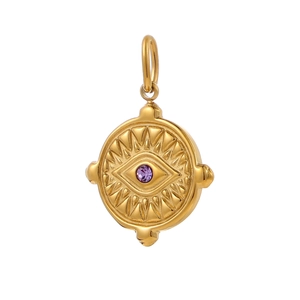 Macro view of gold evil eye coin pendant with purple zircon and radial texture