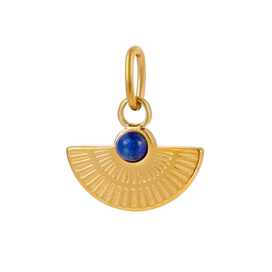 Macro detail of a fan-shaped gold pendant with radial grooves and turquoise inlay