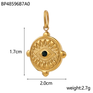 Detailed view of evil eye charm with dimensions 1.7cm by 2.0cm and blue zircon inlay