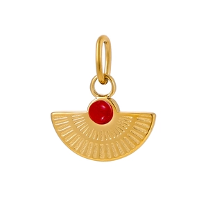 Detail of vintage fan-shaped stainless steel pendant with red gemstone inlay