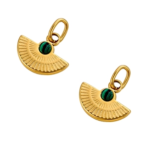 Close-up of fan-shaped gold pendant with inlaid green malachite stone texture