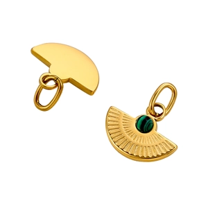 Detail of fan-shaped gold pendant with green stone inlay and sunburst texture
