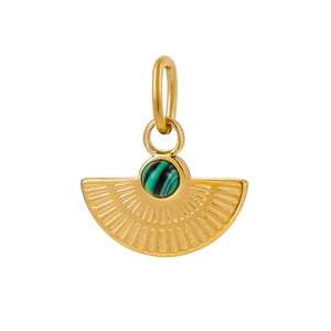 Detailed view of a fan-shaped golden pendant with sunburst texture and green malachite