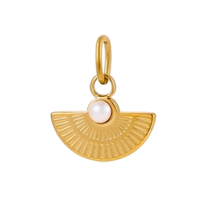 Detailed view of a fan-shaped gold pendant with central white pearl and ribbed texture