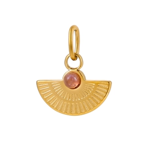 Detailed macro view of a gold fan pendant with radial texture and pink gemstone inlay