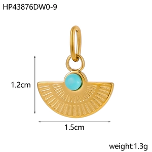 Detail view of a vintage fan-shaped stainless steel pendant with turquoise stone and dimensions