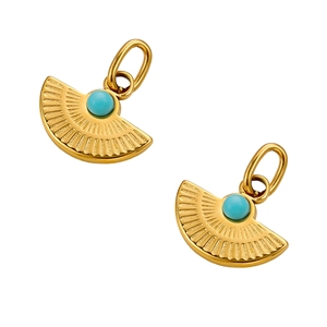 Detailed view of vintage gold fan pendants with radial patterns and turquoise stones