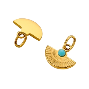 Detail of fan-shaped golden pendants with sunburst texture and turquoise stone inlays
