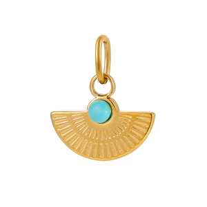 Detail of vintage gold fan pendant with textured rays and blue turquoise stone