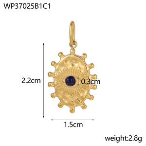 Detailed view of evil eye gold pendant showing 2.2cm x 1.5cm size and 2.8g weight