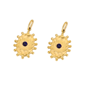 Detailed close-up of golden oval fan charm with hammered texture and blue turquoise stone