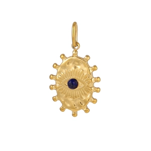 Detailed macro view of vintage fan-shaped stainless steel pendant with blue natural stone