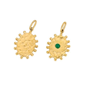 Detailed front and back view of gold evil eye pendant with green stone and hammered texture