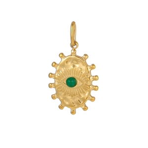 Detail of vintage gold fan-shaped pendant with natural green stone and sunburst engraving
