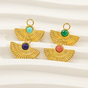 Vintage gold fan-shaped stainless steel charms with natural turquoise and lapis inlays