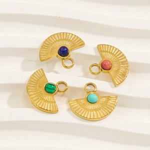 Vintage stainless steel fan-shaped pendants with natural stone inlay set for DIY jewelry