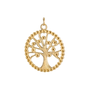 Detail of a matte gold Tree of Life pendant featuring intricate cutout branches and a beaded edge