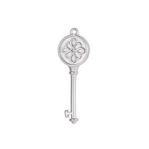 Detailed close-up of a silver stainless steel key pendant with a clover knot engraving