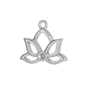 Close-up of a silver lotus flower pendant with hollow petals and a round center base